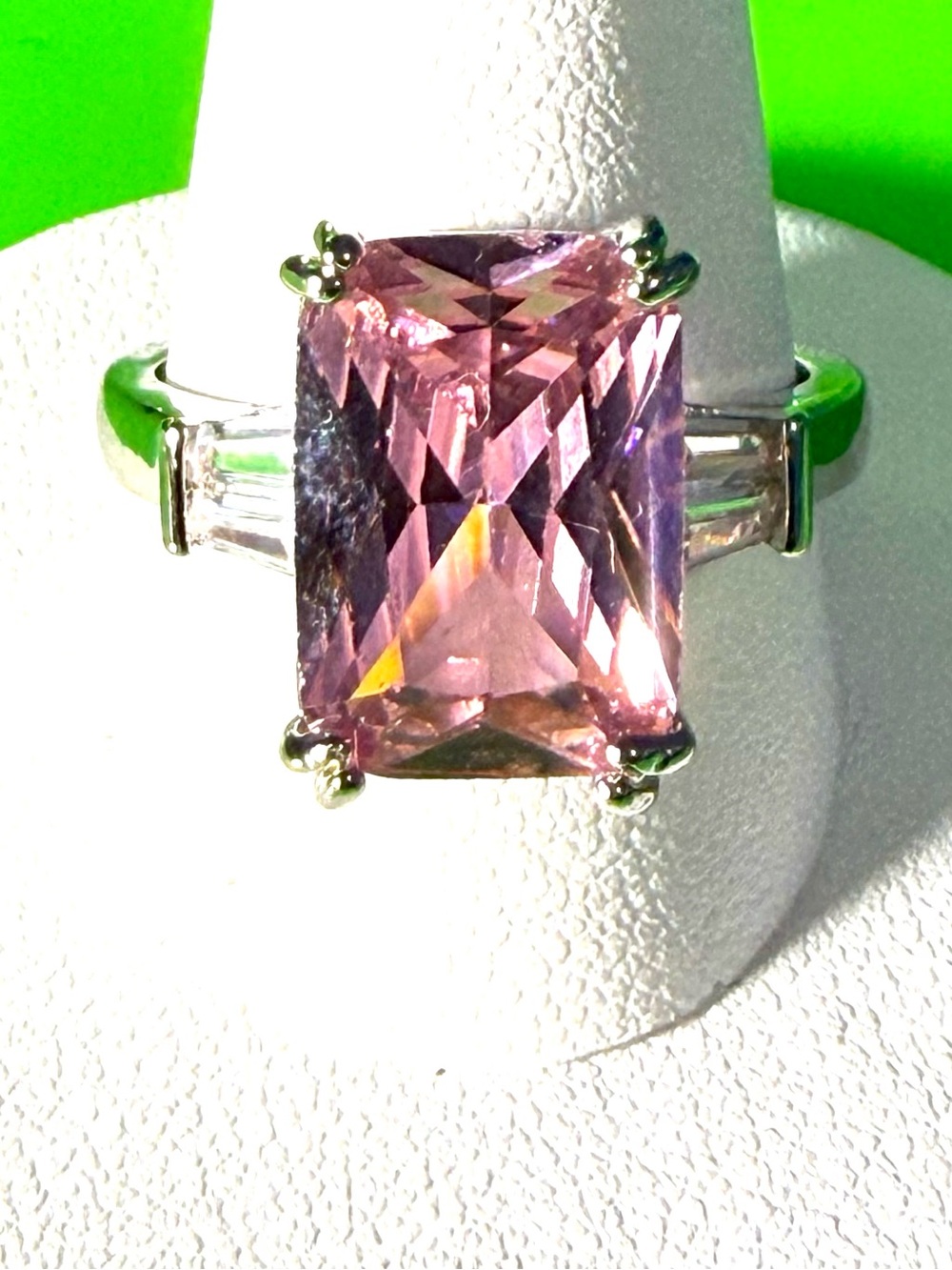14mm Pink Ice Emerald-Cut Solitaire Statement Ring with baguettes- Women’s 9